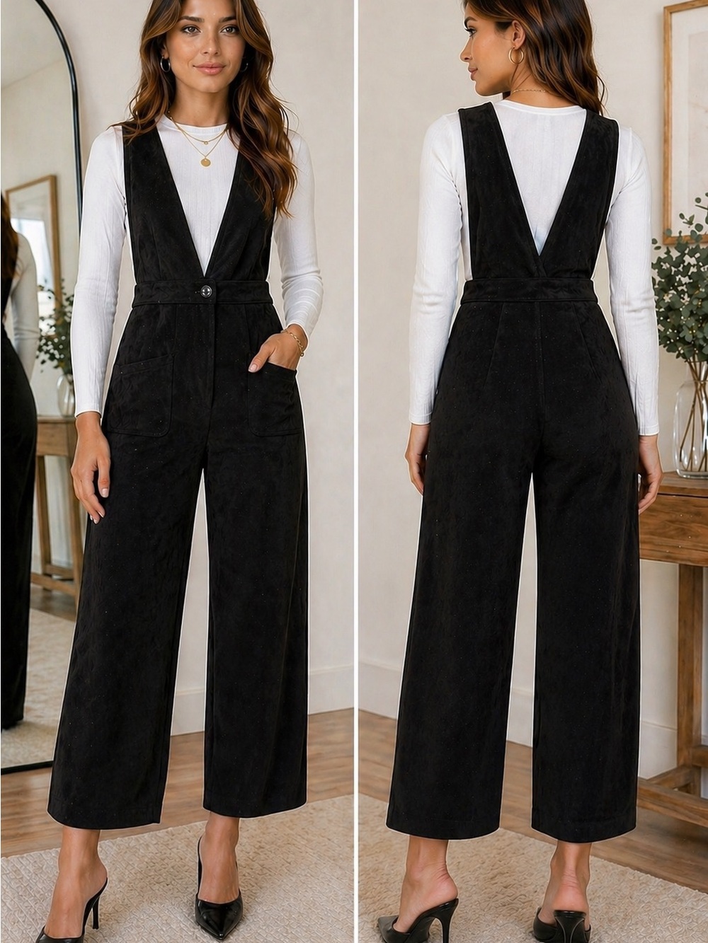 Sadie & Sage Black Wide Leg Faux Suede Jumpsuit Deep V Straps Size S NWOT